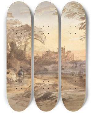 Triptych art skateboard deck of John Varley Landscape With Figures And Distant Castle by John Varley (1778-1842)