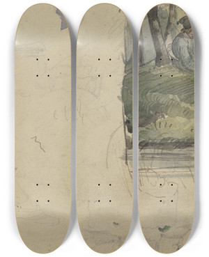 Triptych art skateboard deck of Jakob Frchtegott Dielmann Studienblatt Figuren Und Ein Mdchen Mit Einem Jungen Im Wald Sitzend by Jakob Furchtegott Dielmann (1809-1885)