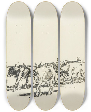 Triptych art skateboard deck of Edward Borein Standing Herd by Edward Borein (1872-1945)