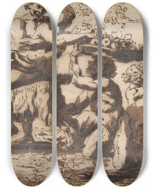 Triptych art skateboard deck of Nicolas Poussin Bacchanal by Nicolas Poussin (1594-1665)