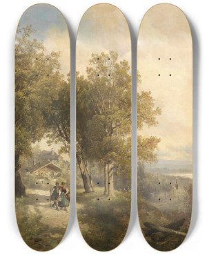 Triptych art skateboard deck of Josef Thoma Flusslandschaft by Josef Thoma (1828-1899)
