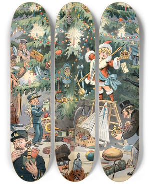 Triptych art skateboard deck of Samuel Ehrhart Pucks Christmas Tree by Samuel Ehrhart (1862-1937)