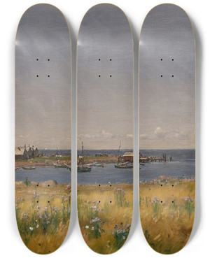 Triptych art skateboard deck of Worthington Whittredge Off Seconnet Rhode Island by Worthington Whittredge (1820-1910)