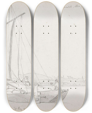 Triptych art skateboard deck of Hans Gude Mindre Fringsbt Berlingen by Hans Gude (1825-1903)