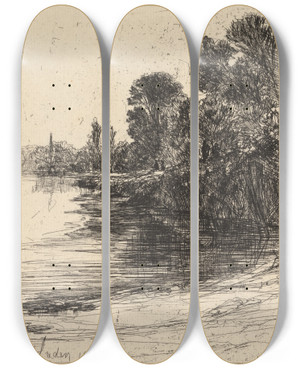 Triptych art skateboard deck of Francis Seymour Haden Brentford Ferry by Francis Seymour Haden (1818-1910)