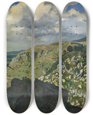 Triptych art skateboard deck of Frank Buchser Brigand Standing Guard In The Mountains by Frank Buchser (1828-1890)