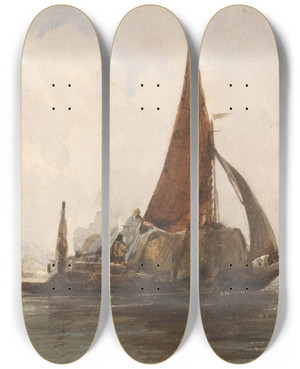 Triptych art skateboard deck of Charles Bentley Hay Barge In A Calm Sea by Charles Bentley (1808-1854)