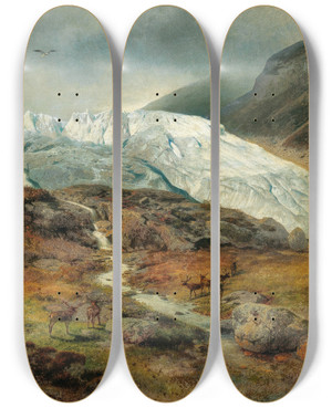 Triptych art skateboard deck of Hermann Ottomar Herzog Gletscherlandschaft by Hermann Ottomar Herzog (1831-1932)