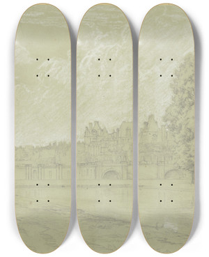 Triptych art skateboard deck of Peter Burnitz Fontainebleau Schlo Und Teich by Peter Burnitz (1824-1886)