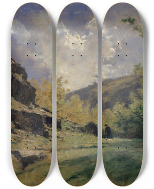 Triptych art skateboard deck of Gustave Castan Rocky Landscape by Gustave Castan (1823-1892)