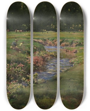 Triptych art skateboard deck of William Henry Holmes The Babbling Brook by William Henry Holmes (1846-1933)