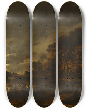 Triptych art skateboard deck of Aert Van Der Neer Moonlight Landscape by Aert van der Neer (1603-1677)