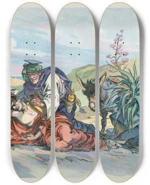 Triptych art skateboard deck of Udo Keppler The Good Samaritan by Udo Keppler (1872-1956)