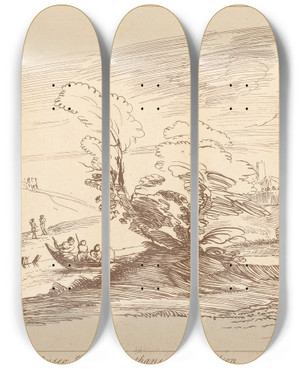 Triptych art skateboard deck of George Knapton Landscape And Stream Crossing by George Knapton (1698-1778)