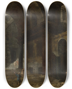 Triptych art skateboard deck of Michele Marieschi Architectural Fantasy Featuring A Prison Courtyard by Michele Marieschi (1710-1743)
