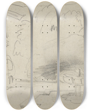 Triptych art skateboard deck of Eugne Delacroix Courtyard With A Fountain by Eugene Delacroix (1798-1863)