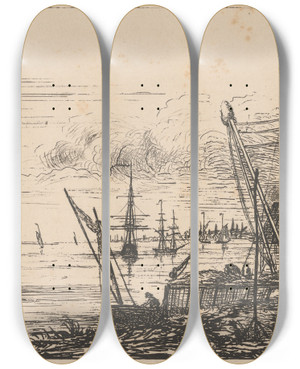 Triptych art skateboard deck of Charles Golding Constable Harbour Scene by Charles Golding Constable