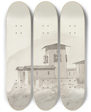 Triptych art skateboard deck of Samuel Davis Kapta Chapcha Castle by Samuel Davis (1757-1819)