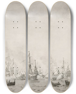 Triptych art skateboard deck of Willem Van De Velde The Elder The Battle Of The Downs by Willem van de Velde the Elder (1610-1693)