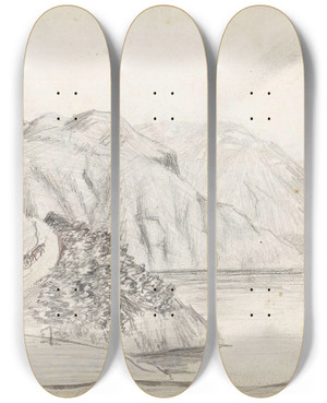 Triptych art skateboard deck of Hans Gude Kvamskleiva by Hans Gude (1825-1903)