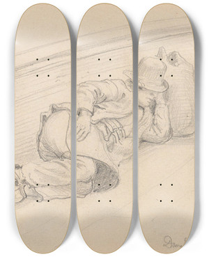 Triptych art skateboard deck of Adolph Tidemand Sovende Passasjer P Dampskipet P Siljan by Adolph Tidemand (1814-1876)