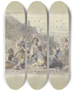 Triptych art skateboard deck of Jakob Becker Grape Harvest_4 by Jakob Becker (1810-1872)