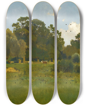 Triptych art skateboard deck of Eugen Jettel Meadow With Cows by Eugen Jettel (1845-1901)