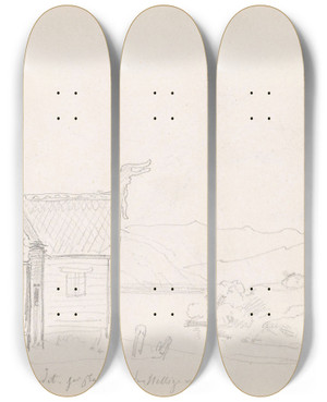 Triptych art skateboard deck of Adolph Tidemand Garmo Kirke by Adolph Tidemand (1814-1876)