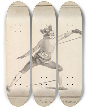 Triptych art skateboard deck of James Gwin De La Risposte En Tierce De Pied Ferme Sur Le Coup De Tierce by James Gwin (1720-1769)