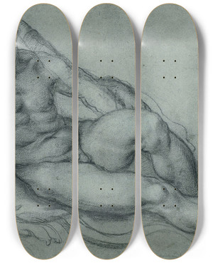 Triptych art skateboard deck of Annibale Carracci Study Of Hercules Resting With Separate Studies Of His Head And Foot by Annibale Carracci (1560-1609)