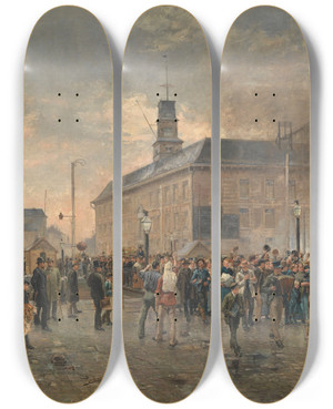 Triptych art skateboard deck of Louis Van Engelen Belgian Emigrants by Louis Van Engelen (1856-1940)