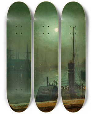 Triptych art skateboard deck of John Atkinson Grimshaw On The Clyde Glasgow by John Atkinson Grimshaw (1836-1893)