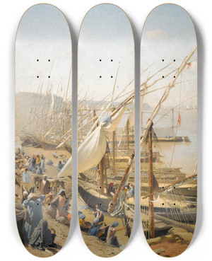 Triptych art skateboard deck of Adolf Von Meckel The Nile At Bulak by Adolf Von Meckel (1856-1893)