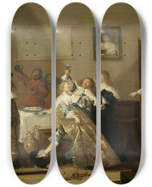 Triptych art skateboard deck of Dirck Hals Tavern Scene by Dirck Hals (1591-1656)