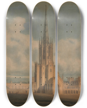 Triptych art skateboard deck of James Wyatt Projected Design For Fonthill Abbey Wiltshire by James Wyatt (1746-1813)