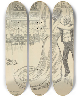 Triptych art skateboard deck of Charles Dana Gibson His Revenge by Charles Dana Gibson (1867-1944)