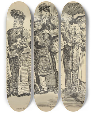 Triptych art skateboard deck of Charles Dana Gibson Making Up His by Charles Dana Gibson (1867-1944)