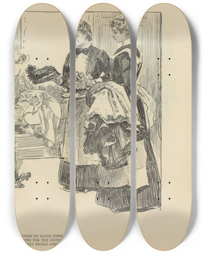 Triptych art skateboard deck of Charles Dana Gibson She Longs For Seclusion And Decides To Leave Town For A Milder Climate by Charles Dana Gibson (1867-1944)