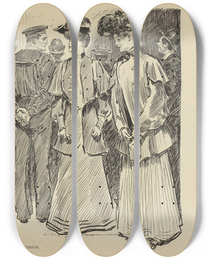 Triptych art skateboard deck of Charles Dana Gibson Studies In Expression In The Monkey House by Charles Dana Gibson (1867-1944)