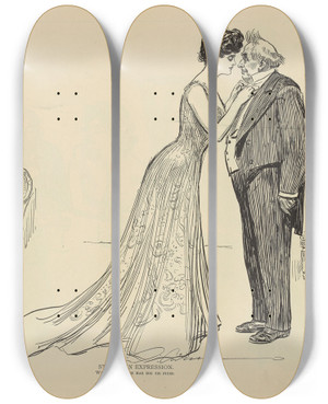 Triptych art skateboard deck of Charles Dana Gibson Studies In Expression While Uncle Joe Has His Tie Fixed by Charles Dana Gibson (1867-1944)