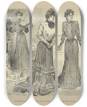 Triptych art skateboard deck of Charles Dana Gibson The Brute Ventures To Suggest That A Bonnet Might Possibly Be More Suitable by Charles Dana Gibson (1867-1944)