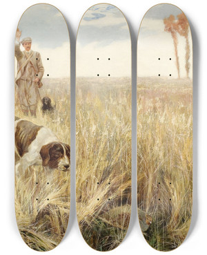 Triptych art skateboard deck of John George Sowerby Hunting Quail by John George Sowerby (1849-1914)
