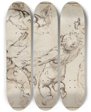 Triptych art skateboard deck of Francesco Albani Flyvende Putti by Francesco Albani (1578-1660)