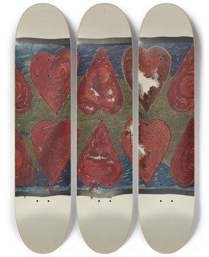 Triptych art skateboard deck of James Hc Vail Hooked Rug by James H.C. Vail