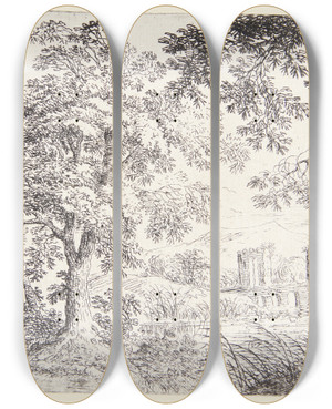 Triptych art skateboard deck of Cornelis Matthieu Landskab Med En Fisker by Cornelis Matthieu