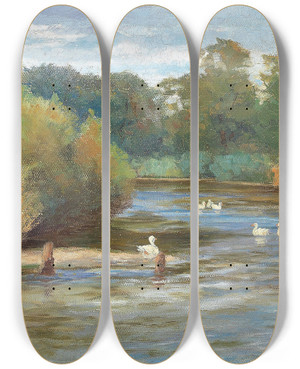 Triptych art skateboard deck of Hugo Darnaut Enten Am Weiher by Hugo Darnaut (1850-1937)