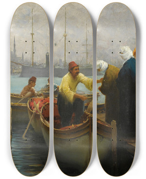 Triptych art skateboard deck of Fausto Zonaro The Boat by Fausto Zonaro (1854-1929)