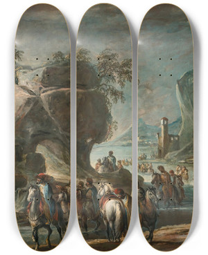 Triptych art skateboard deck of Francesco Simonini Soldiers Crossing A River by Francesco Simonini (1686-1755)