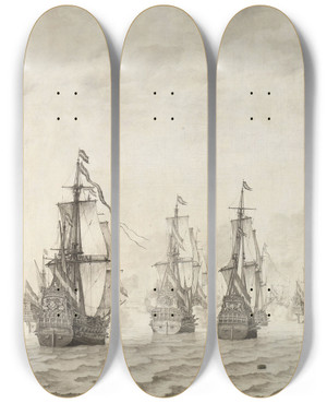 Triptych art skateboard deck of Willem Van De Velde The Elder The Battle Of Dunkirk by Willem van de Velde the Elder (1610-1693)