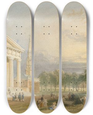 Triptych art skateboard deck of William Henry Bartlett Study For Bartletts View Of Yale College Andstatehouse by William Henry Bartlett (1809-1854)